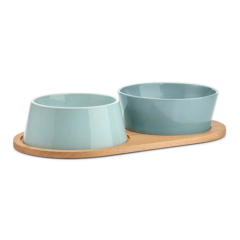 Set de gamelles pour chien Doppio pin / bleu - gris en porcelaine au design scandinave